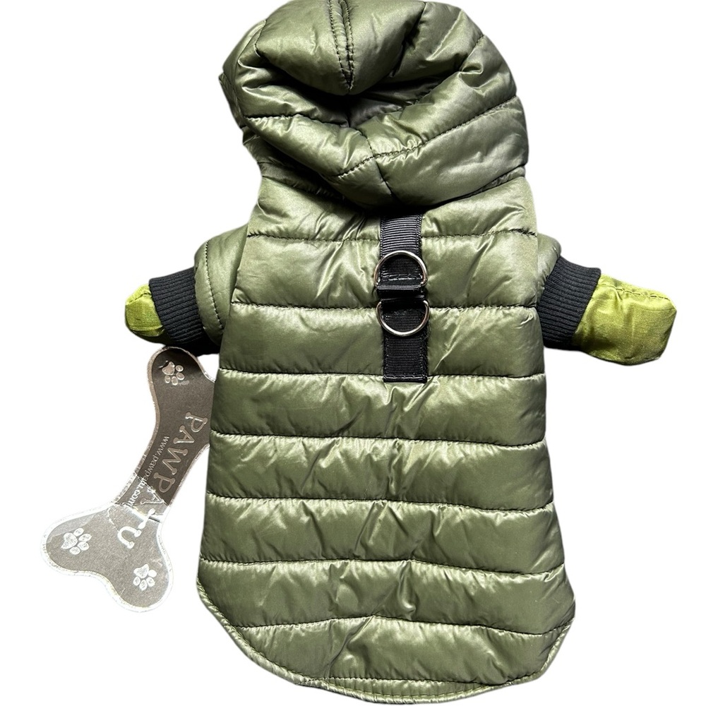PAWPATU small dog warm olive green Puffer hood Jacket size XS fits 6”-8” NWT